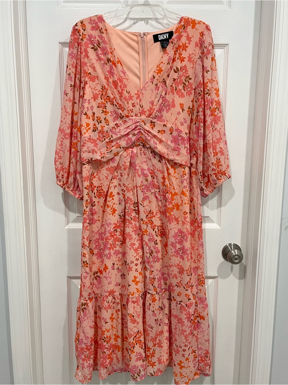 DKNY Pink and Orange Floral Midi Dress